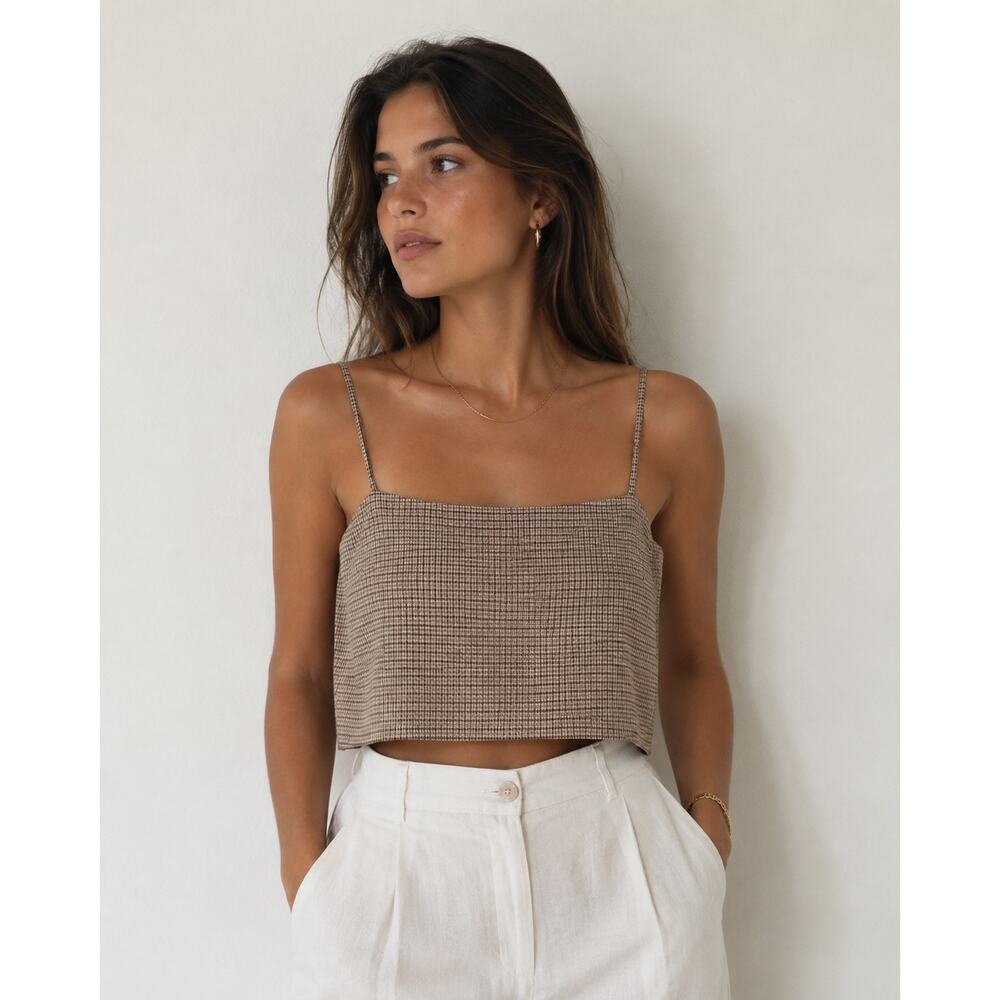 House of Harlow 1960 Houndstooth Crop Tank Top Brown Beige Coquette Medium